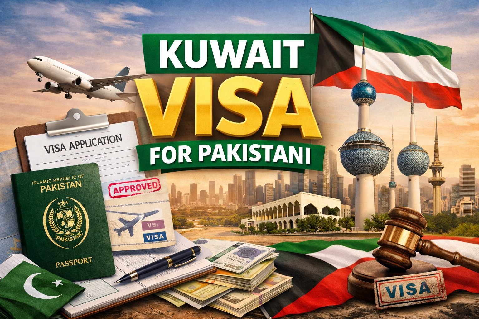 Kuwait visa for Pakistani nationals featuring Pakistani passport, Kuwait visa approval, Kuwait Towers, national flags, and travel symbols illustrating work, visit, and family visa types.